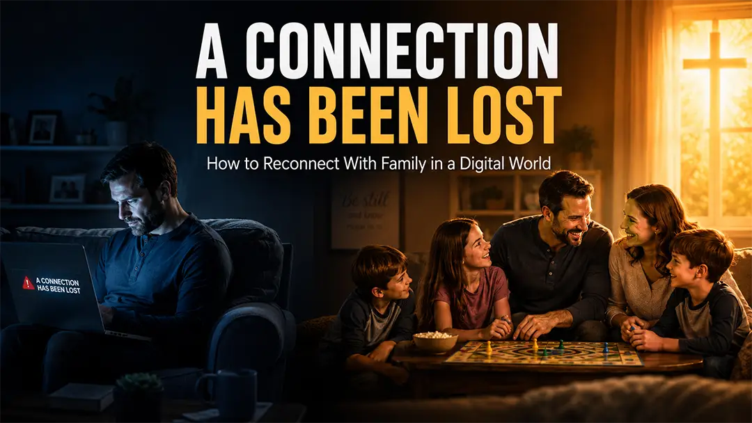 A Connection Has Been Lost – How to Reconnect With Family Split scene showing digital distraction on one side and how to reconnect with family through device-free time together on the other.