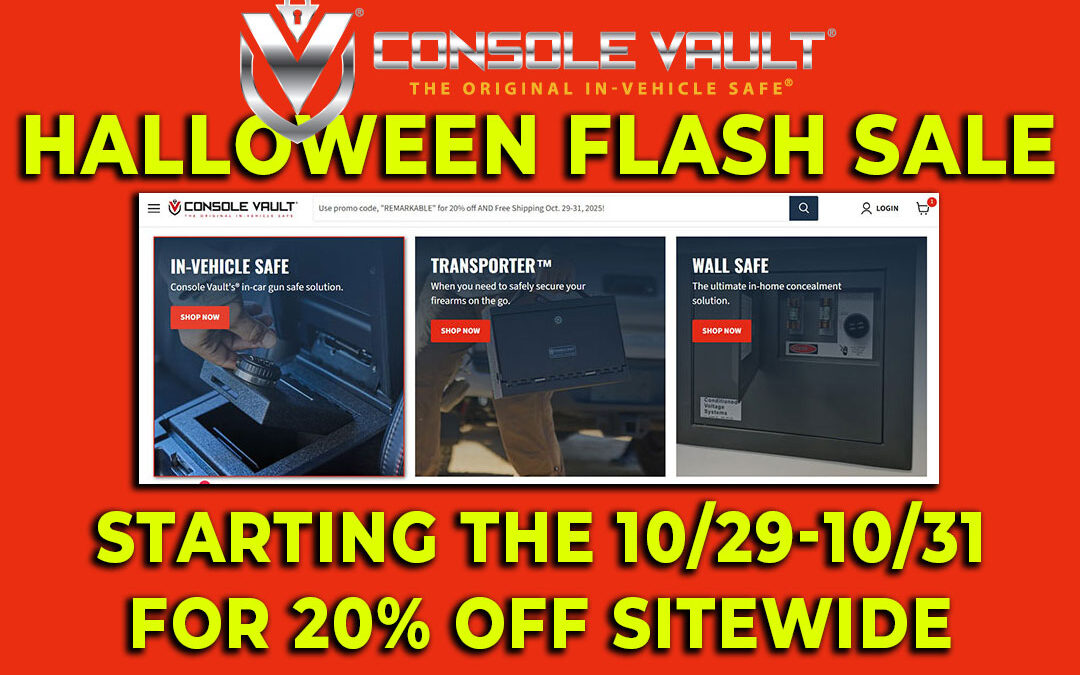Close-up view of a Console Vault safe being installed in a vehicle console, highlighting the 20% off REMARKABLE discount code.