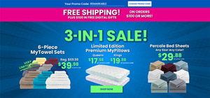 MyPillow 3-in-1 Sale banner with promo code REMARKABLE. Features include 6-piece MyTowel sets for $39.98, Premium MyPillows from $17.98, and Percale Bed Sheets for $29.88. Includes Free Shipping on orders $100+.