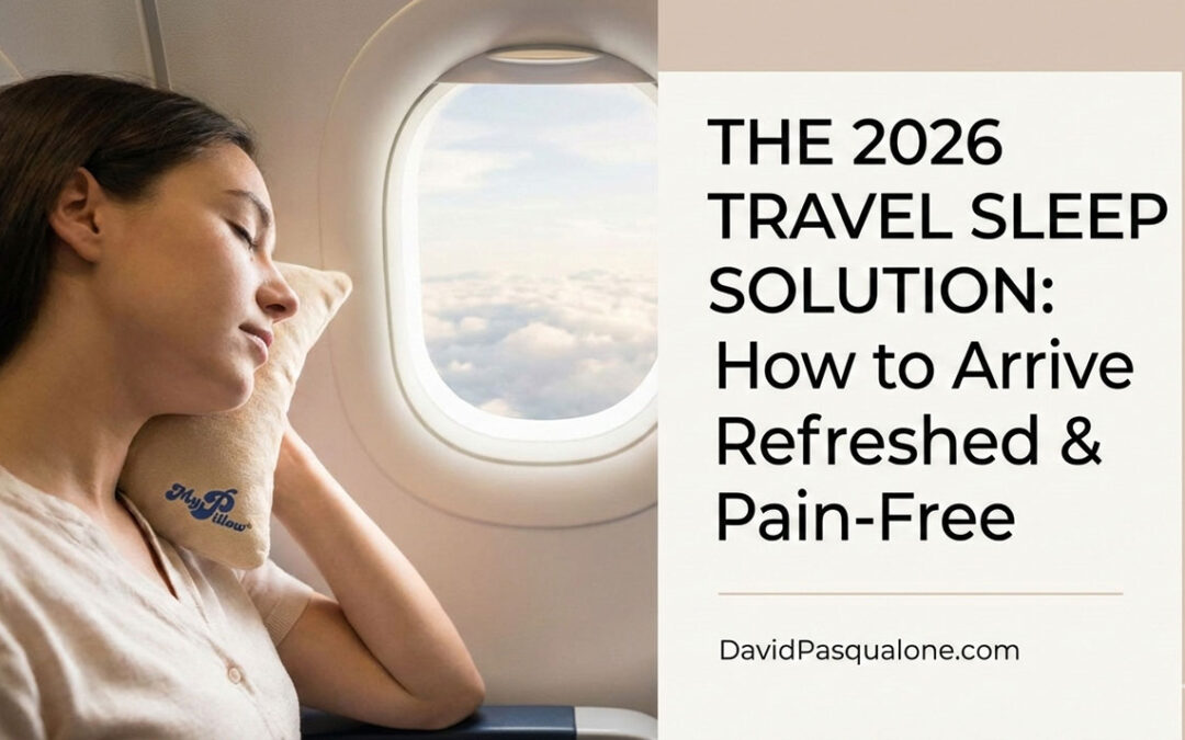 A traveler sleeping comfortably on an airplane using the MyPillow GoAnywhere travel solution to prevent neck pain.