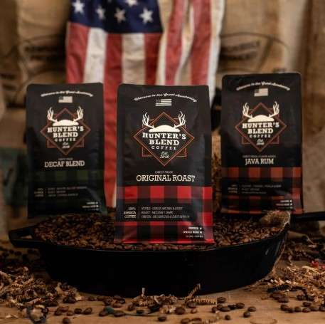 Hunter’s Blend Coffee bag and a steaming mug of coffee with the promo code REMARKABLE for a 20% discount.
