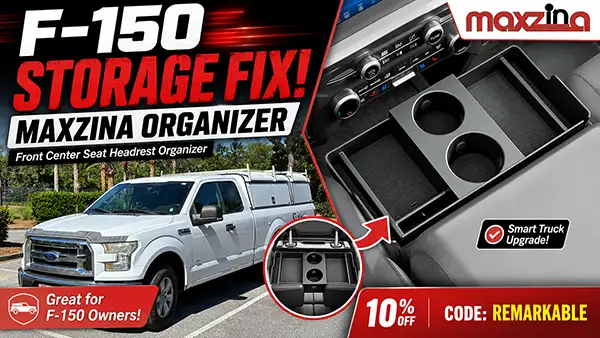 maxzina-front-center-seat-headrest-organizer-review=and-promo-code-REMARKABLE-special-discount Maxzina Front Center Seat Headrest Organizer for Ford F-150 owners with promo code REMARKABLE for 10% off.