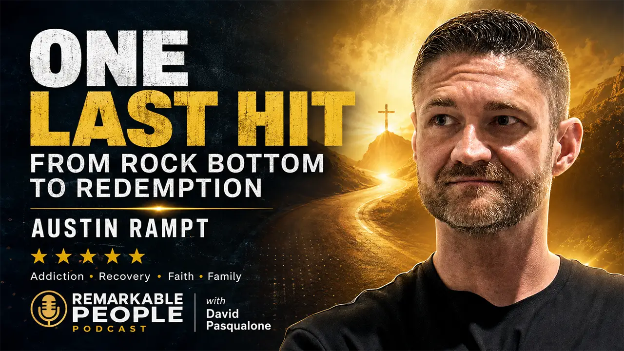 Austin Rampt featured on the Remarkable People Podcast in a dramatic cover image promoting his story of addiction, rock bottom, faith, recovery, and redemption.