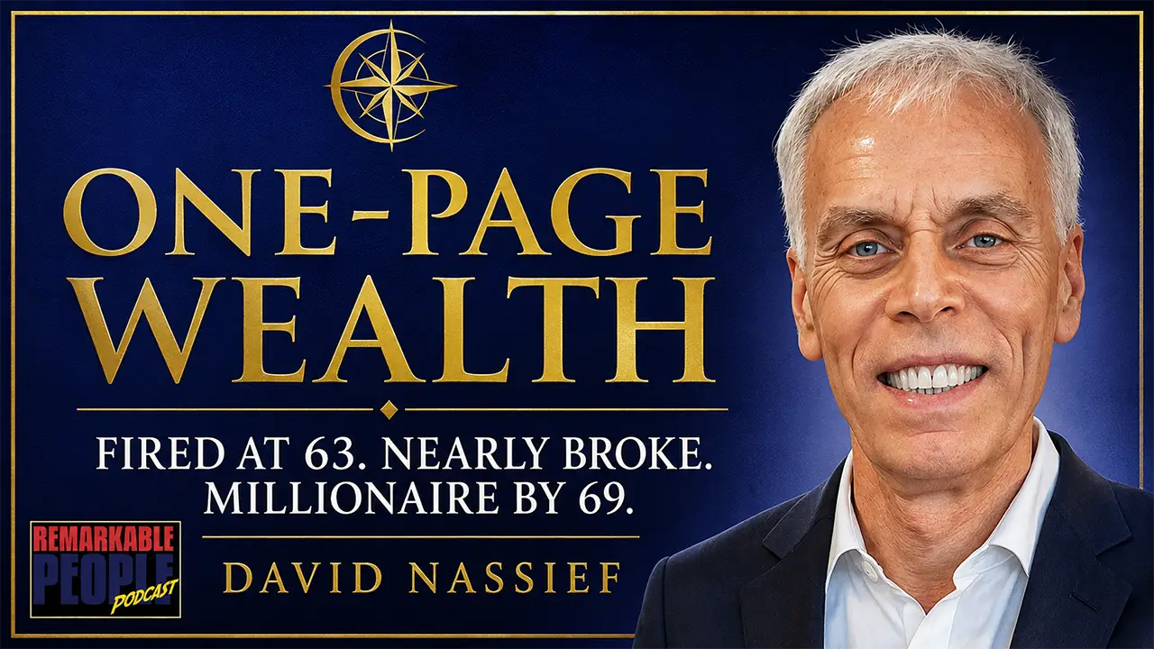 David Nassief featured on the Remarkable People Podcast with a book-inspired cover reading One-Page Wealth and highlighting his journey from being fired at 63 and nearly broke to becoming a millionaire by 69.
