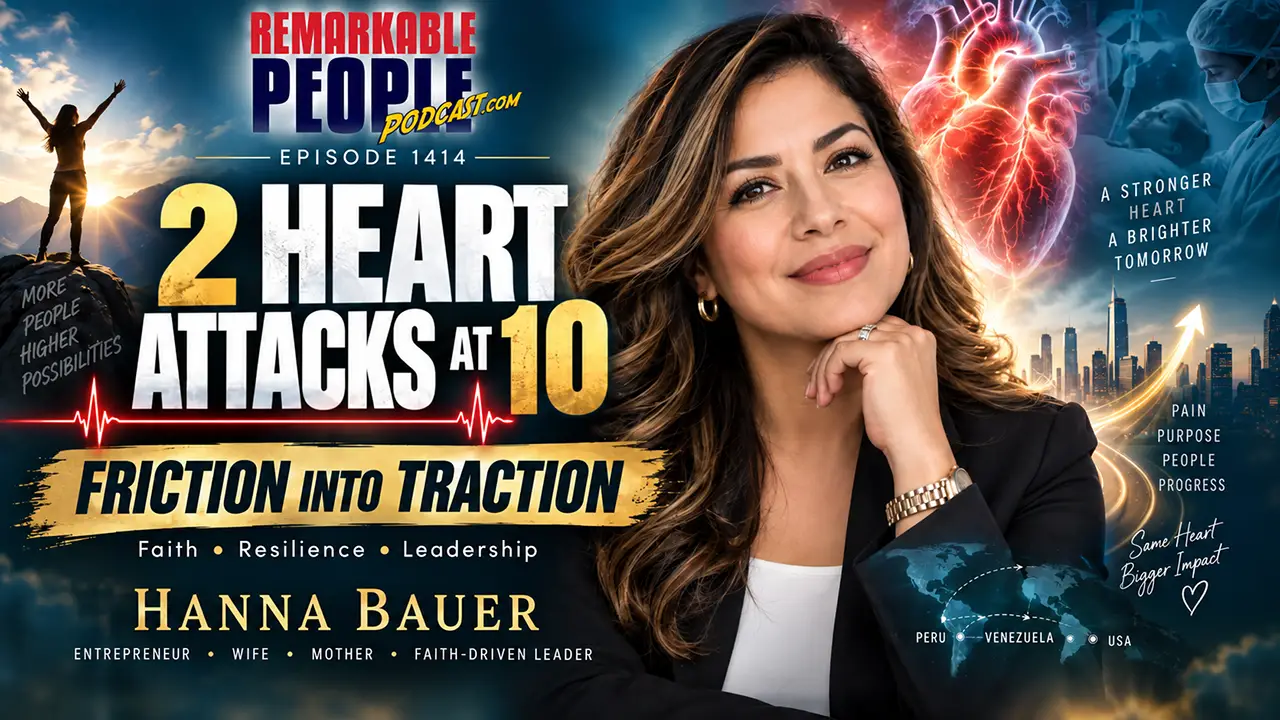 Hanna Bauer featured on the Remarkable People Podcast with the words “2 Heart Attacks at 10” and “Friction Into Traction,” representing her story of faith, resilience, leadership, and overcoming childhood heart challenges.