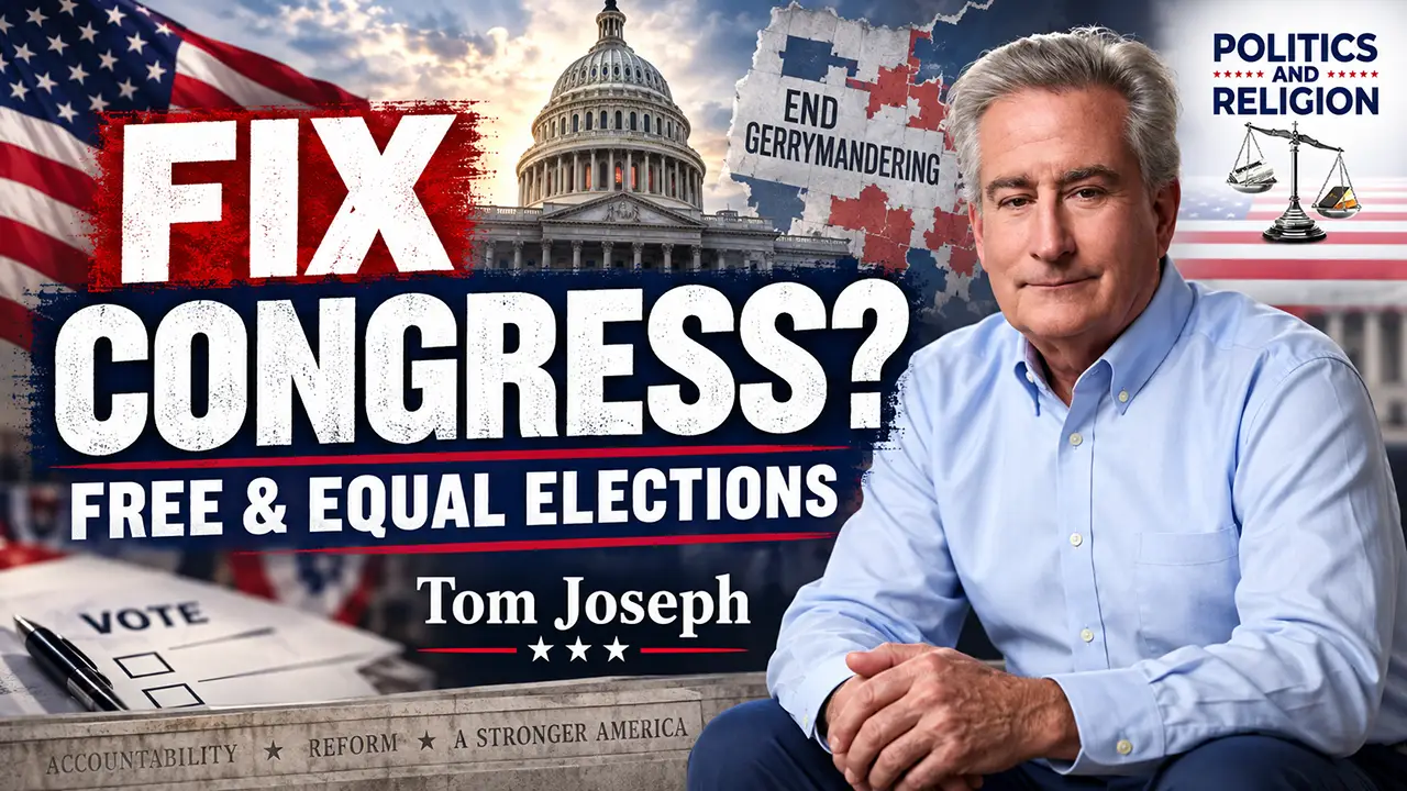 Tom Joseph featured on the Politics and Religion podcast with the headline “Fix Congress?” and “Free & Equal Elections,” alongside patriotic election and Capitol imagery.